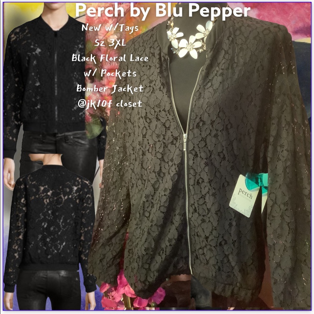 LOWEST🌺 NWT PERCH BLU PEPPER 3XL BLACK LACE ZIP FRONT BOMBER JACKET